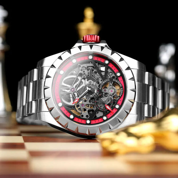 Boderry Windmill Men's Skeleton Watch – Automatic Mechanical Waterproof Sports Wristwatch, Stylish Fashion Timepiece