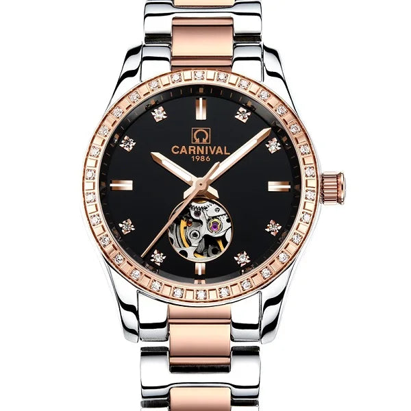 CARNIVAL Women’s Gold Automatic Watch – Tourbillon, Sapphire, Waterproof Stainless Steel, Elegant Reloj Mujer