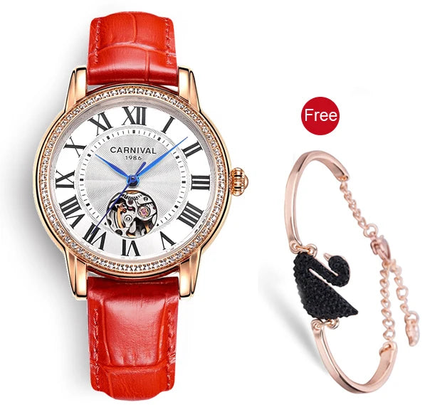 CARNIVAL Women’s Automatic Watch – Skeleton Dial, Sapphire, Waterproof, Japan Movement, Luxury Swiss Brand C8052L