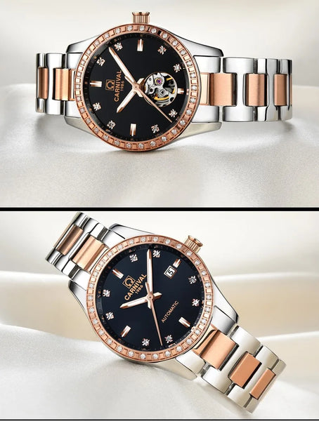 CARNIVAL Women’s Gold Automatic Watch – Tourbillon, Sapphire, Waterproof Stainless Steel, Elegant Reloj Mujer