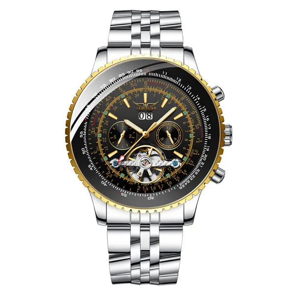 Jaragar Men's Luxury Tourbillon Watch – Automatic, Calendar, Silver Stainless Steel