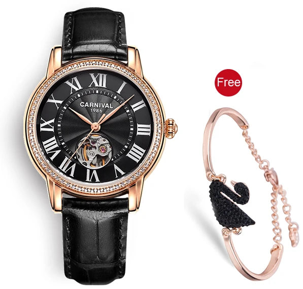 CARNIVAL Women’s Automatic Watch – Skeleton Dial, Sapphire, Waterproof, Japan Movement, Luxury Swiss Brand C8052L