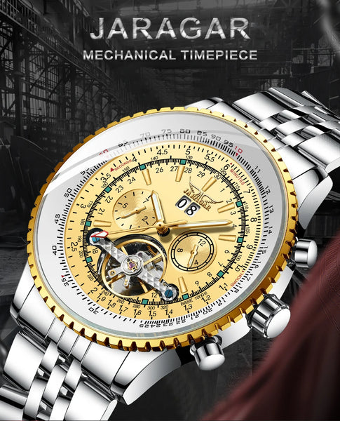 Jaragar Men's Luxury Tourbillon Watch – Automatic, Calendar, Silver Stainless Steel