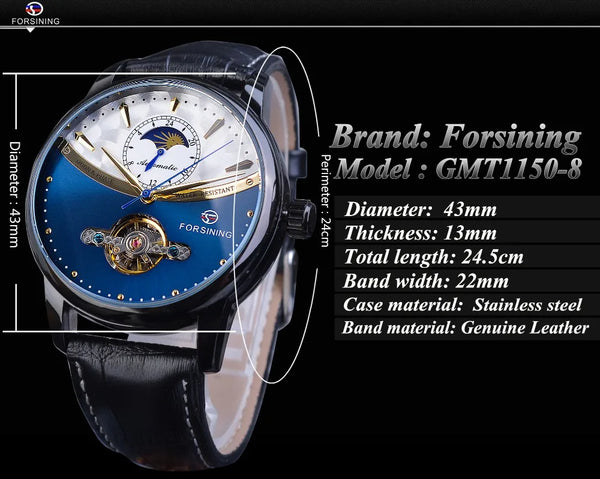 Forsining Men's Tourbillon Watch – Royal Blue Dial, Moonphase, Automatic Mechanical, Black Leather Strap,