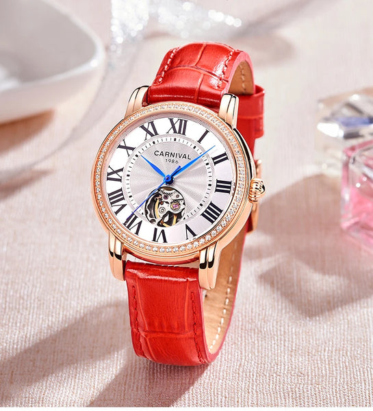 CARNIVAL Women’s Automatic Watch – Skeleton Dial, Sapphire, Waterproof, Japan Movement, Luxury Swiss Brand C8052L