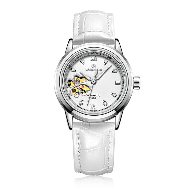 Women's Automatic Watch – Diamond Four-Leaf Clover Dial, Rose Leather Strap, Waterproof, Mechanical Luxury Wristwatch