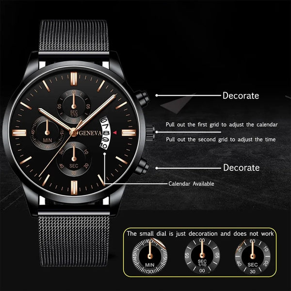 2023 Men's Fashion Business Calendar Watches Men Luxury Blue Stainless Steel Mesh Belt Analog Quartz Watch relogio masculino