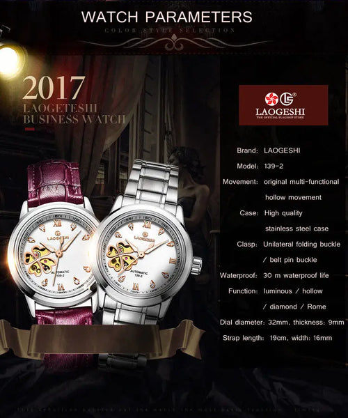 Women's Automatic Watch – Diamond Four-Leaf Clover Dial, Rose Leather Strap, Waterproof, Mechanical Luxury Wristwatch
