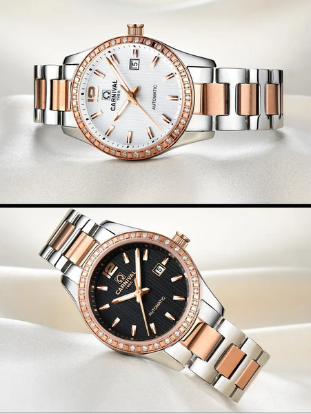 CARNIVAL Women’s Gold Automatic Watch – Tourbillon, Sapphire, Waterproof Stainless Steel, Elegant Reloj Mujer