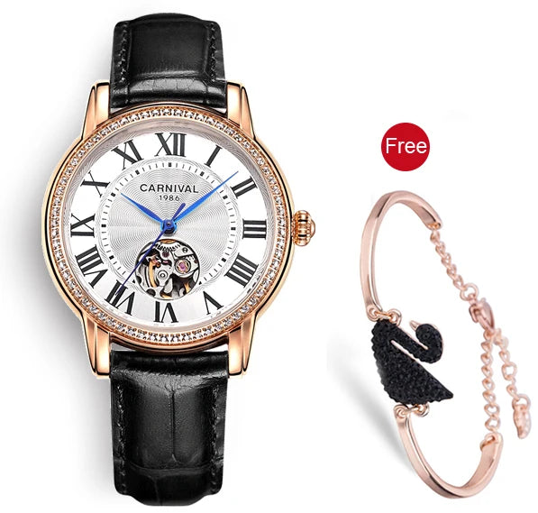 CARNIVAL Women’s Automatic Watch – Skeleton Dial, Sapphire, Waterproof, Japan Movement, Luxury Swiss Brand C8052L