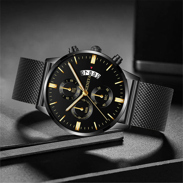 2023 Men's Fashion Business Calendar Watches Men Luxury Blue Stainless Steel Mesh Belt Analog Quartz Watch relogio masculino