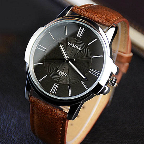YAZOLE Men's Luxury Watch – Blue Glass Dial, Waterproof, Leather Strap, Roman Numerals, Top Brand Relojes