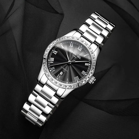 CARNIVAL Women’s Automatic Watch – Diamond Sapphire, Roman Dial, Steel Case, Luxury Swiss Mechanical C8051L