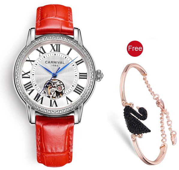 CARNIVAL Women’s Automatic Watch – Skeleton Dial, Sapphire, Waterproof, Japan Movement, Luxury Swiss Brand C8052L