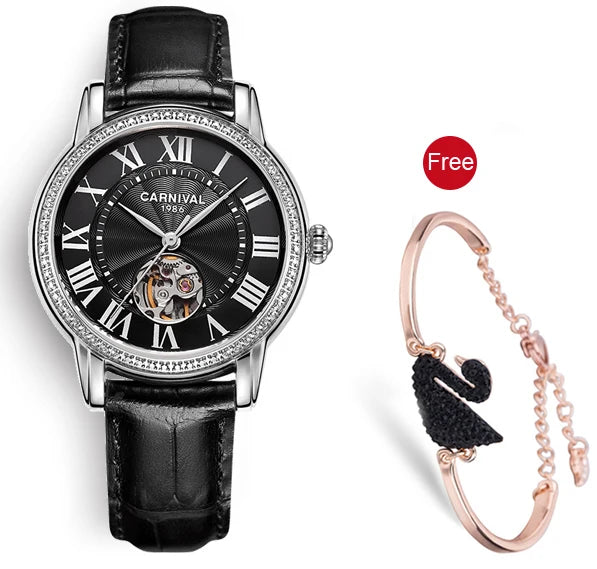 CARNIVAL Women’s Automatic Watch – Skeleton Dial, Sapphire, Waterproof, Japan Movement, Luxury Swiss Brand C8052L