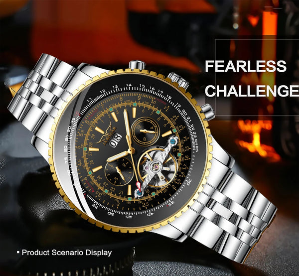 Jaragar Men's Luxury Tourbillon Watch – Automatic, Calendar, Silver Stainless Steel