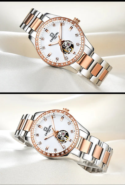CARNIVAL Women’s Gold Automatic Watch – Tourbillon, Sapphire, Waterproof Stainless Steel, Elegant Reloj Mujer