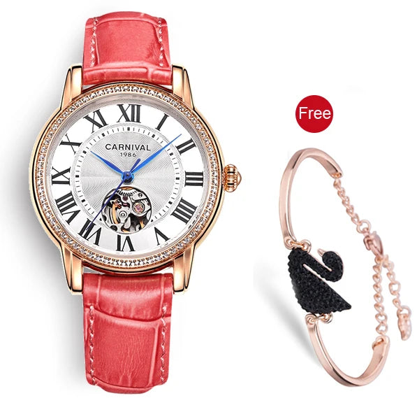 CARNIVAL Women’s Automatic Watch – Skeleton Dial, Sapphire, Waterproof, Japan Movement, Luxury Swiss Brand C8052L