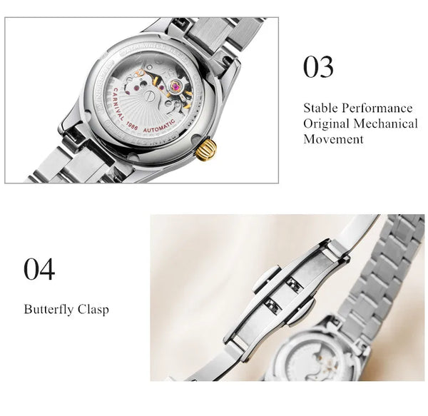 CARNIVAL Brand Luxury Wrist Watches for Women Ladies Waterproof Sapphire Automatic Mechanical Wristwatch Luminous Montre Femme
