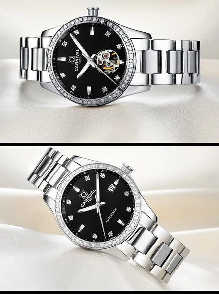 CARNIVAL Women’s Gold Automatic Watch – Tourbillon, Sapphire, Waterproof Stainless Steel, Elegant Reloj Mujer