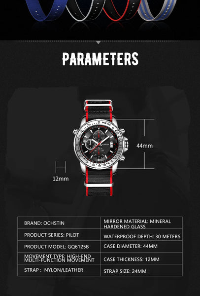 2025 OCHSTIN Pilot Watch – Men’s Military Quartz Chronograph, Waterproof, Nylon-Leather Strap, Sports Wristwatch