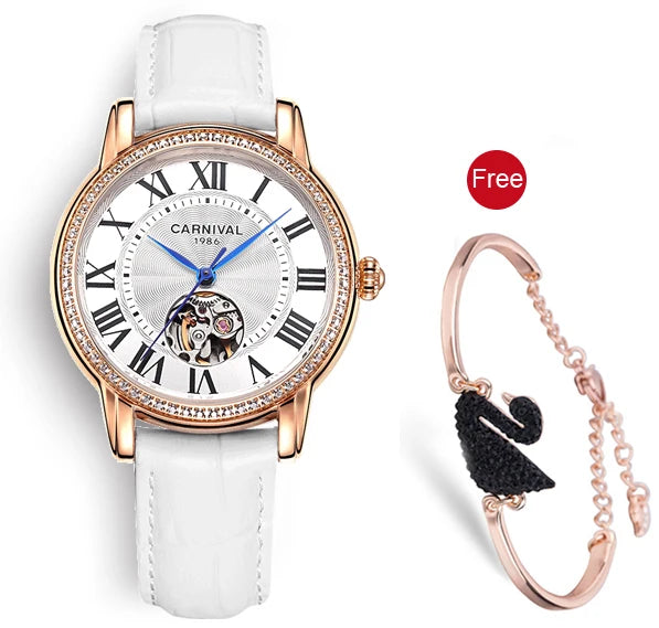 CARNIVAL Women’s Automatic Watch – Skeleton Dial, Sapphire, Waterproof, Japan Movement, Luxury Swiss Brand C8052L