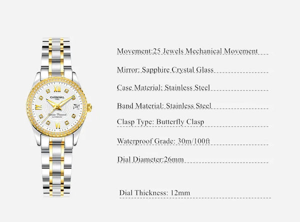 CARNIVAL Brand Luxury Wrist Watches for Women Ladies Waterproof Sapphire Automatic Mechanical Wristwatch Luminous Montre Femme