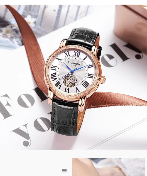 CARNIVAL Women’s Automatic Watch – Skeleton Dial, Sapphire, Waterproof, Japan Movement, Luxury Swiss Brand C8052L