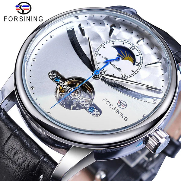Forsining Men's Tourbillon Watch – Royal Blue Dial, Moonphase, Automatic Mechanical, Black Leather Strap,