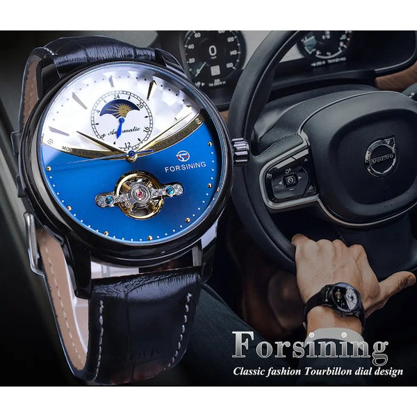Forsining Men's Tourbillon Watch – Royal Blue Dial, Moonphase, Automatic Mechanical, Black Leather Strap,