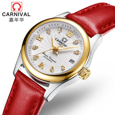 CARNIVAL Women’s Automatic Watch – Sapphire Mechanical, Calendar, Luminous, Waterproof Leather Wristwatch
