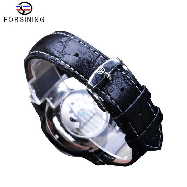 Forsining Men's Tourbillon Watch – Royal Blue Dial, Moonphase, Automatic Mechanical, Black Leather Strap,