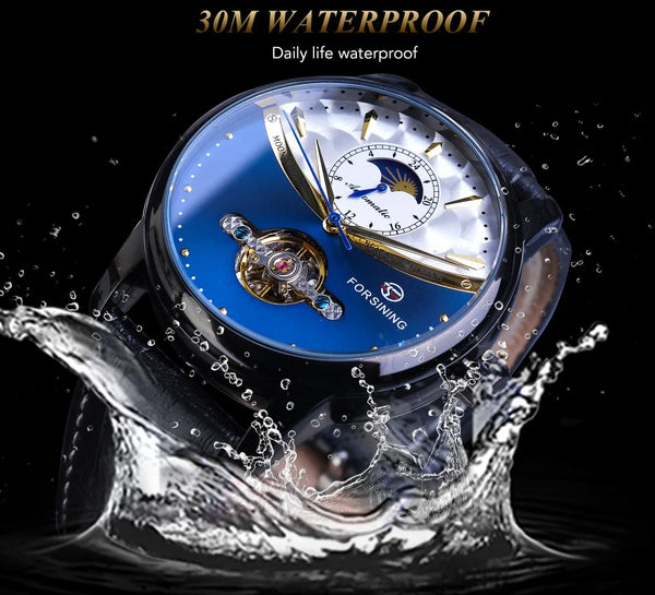 Forsining Men's Tourbillon Watch – Royal Blue Dial, Moonphase, Automatic Mechanical, Black Leather Strap,