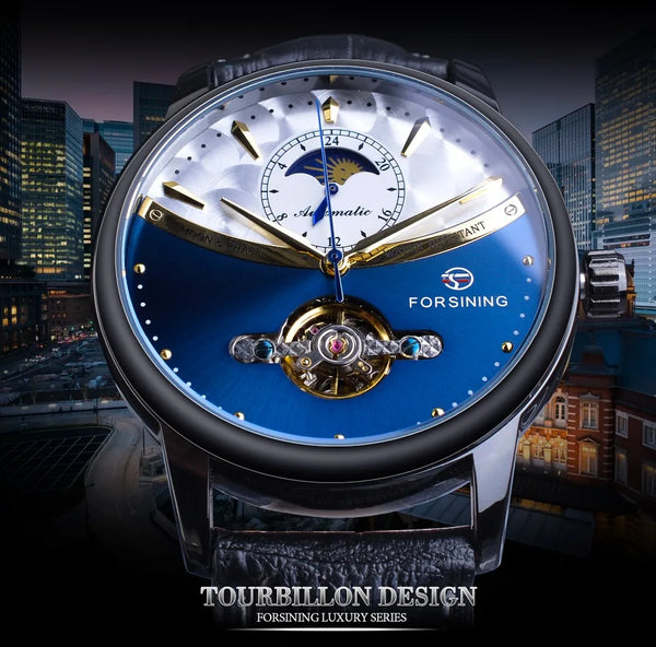 Forsining Men's Tourbillon Watch – Royal Blue Dial, Moonphase, Automatic Mechanical, Black Leather Strap,
