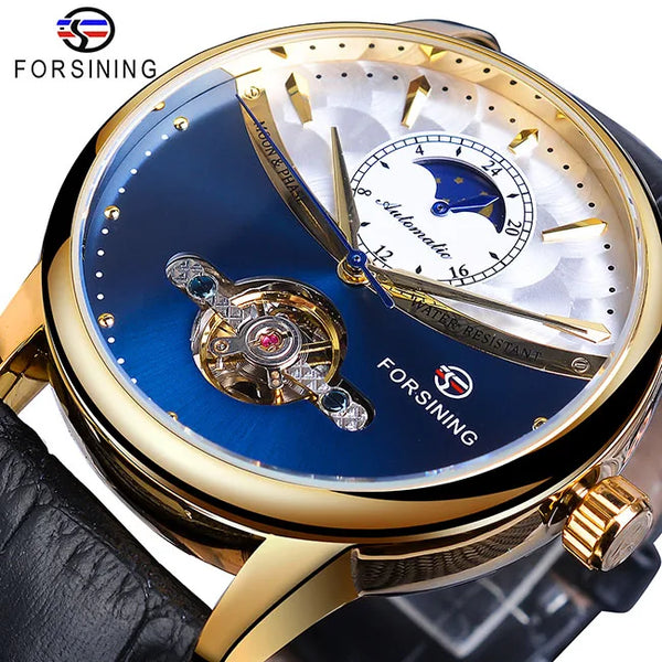 Forsining Men's Tourbillon Watch – Royal Blue Dial, Moonphase, Automatic Mechanical, Black Leather Strap,