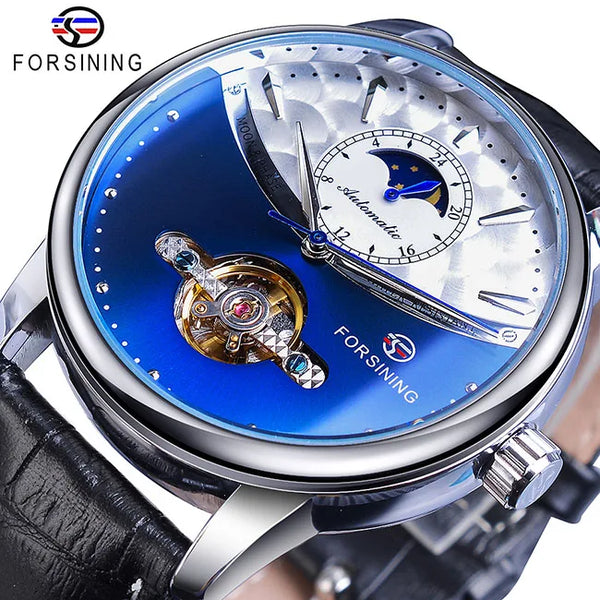 Forsining Men's Tourbillon Watch – Royal Blue Dial, Moonphase, Automatic Mechanical, Black Leather Strap,