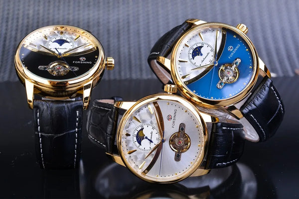 Forsining Men's Tourbillon Watch – Royal Blue Dial, Moonphase, Automatic Mechanical, Black Leather Strap,