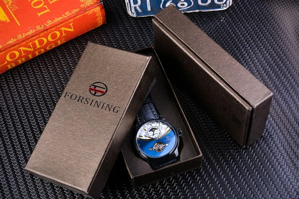 Forsining Men's Tourbillon Watch – Royal Blue Dial, Moonphase, Automatic Mechanical, Black Leather Strap,