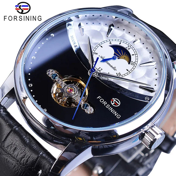 Forsining Men's Tourbillon Watch – Royal Blue Dial, Moonphase, Automatic Mechanical, Black Leather Strap,
