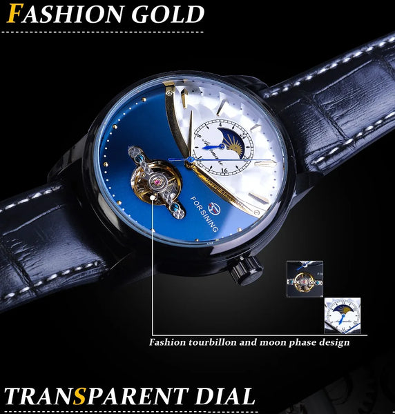 Forsining Men's Tourbillon Watch – Royal Blue Dial, Moonphase, Automatic Mechanical, Black Leather Strap,