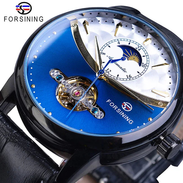 Forsining Men's Tourbillon Watch – Royal Blue Dial, Moonphase, Automatic Mechanical, Black Leather Strap,