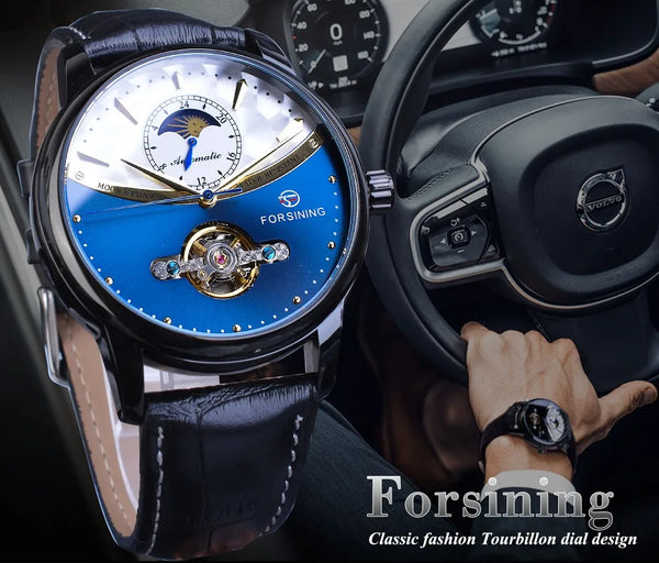 Forsining Men's Tourbillon Watch – Royal Blue Dial, Moonphase, Automatic Mechanical, Black Leather Strap,