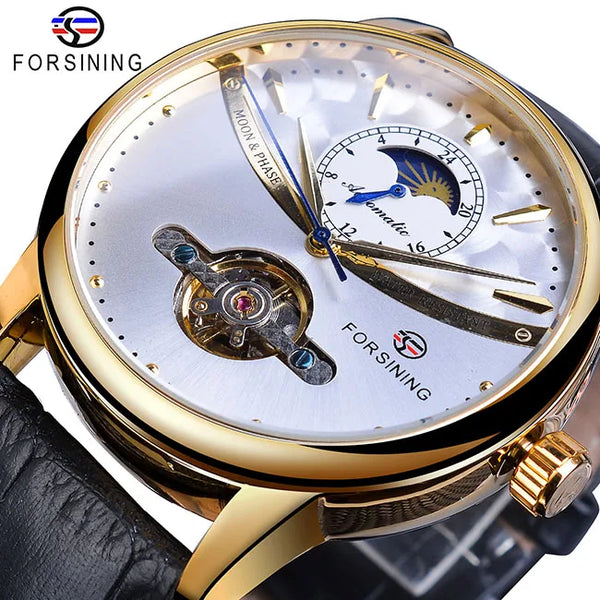 Forsining Men's Tourbillon Watch – Royal Blue Dial, Moonphase, Automatic Mechanical, Black Leather Strap,