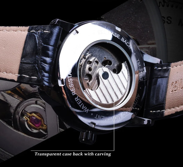 Forsining Men's Tourbillon Watch – Royal Blue Dial, Moonphase, Automatic Mechanical, Black Leather Strap,