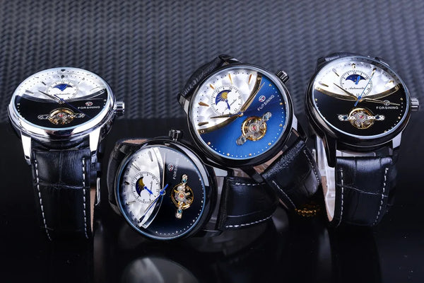 Forsining Men's Tourbillon Watch – Royal Blue Dial, Moonphase, Automatic Mechanical, Black Leather Strap,