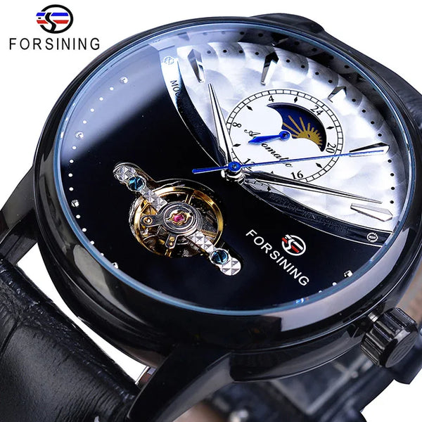 Forsining Men's Tourbillon Watch – Royal Blue Dial, Moonphase, Automatic Mechanical, Black Leather Strap,