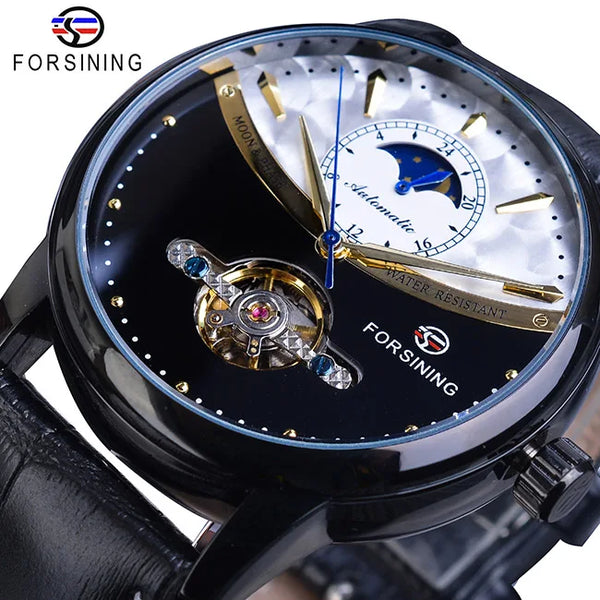 Forsining Men's Tourbillon Watch – Royal Blue Dial, Moonphase, Automatic Mechanical, Black Leather Strap,