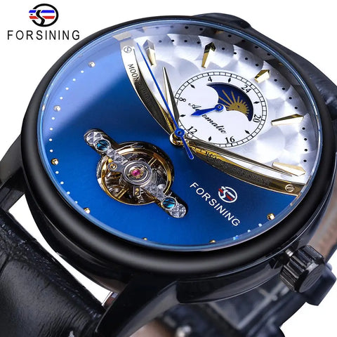 Forsining Men's Tourbillon Watch – Royal Blue Dial, Moonphase, Automatic Mechanical, Black Leather Strap,
