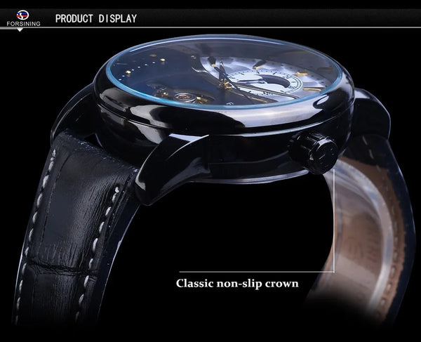 Forsining Men's Tourbillon Watch – Royal Blue Dial, Moonphase, Automatic Mechanical, Black Leather Strap,