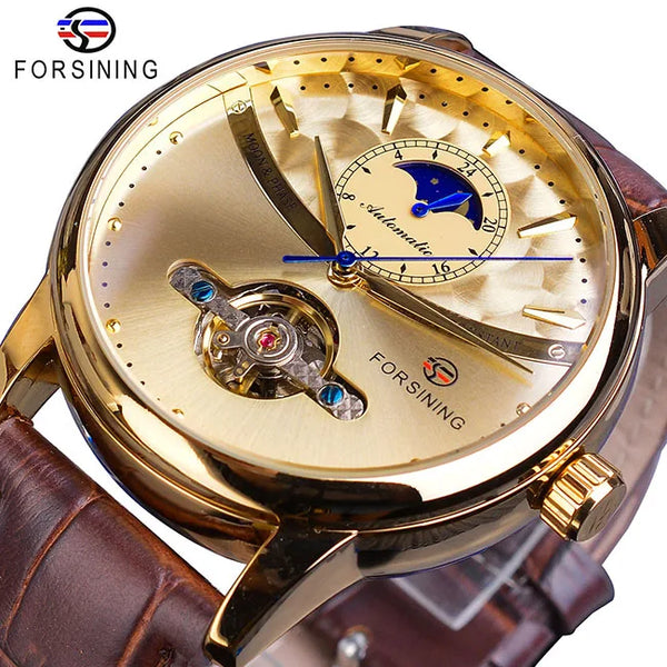 Forsining Men's Tourbillon Watch – Royal Blue Dial, Moonphase, Automatic Mechanical, Black Leather Strap,